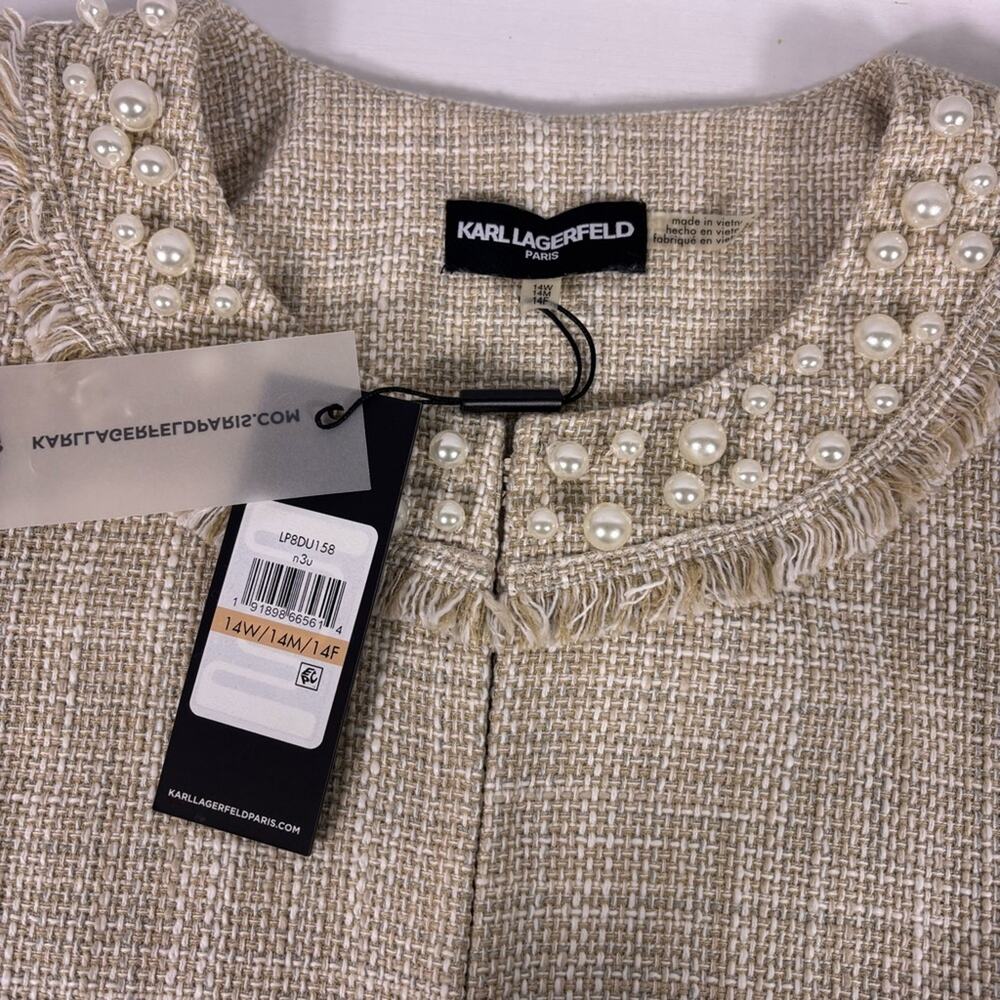 NWT Karl Lagerfeld Tweed Beige Bell Sleeve Women's Blazer Pearl Trim Size 14W C1 - Picture 6 of 9